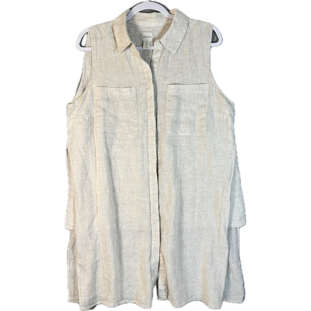 Chico's Linen Tunic Women Size 2 Beige Sleeveless Button Front Long Top Boho